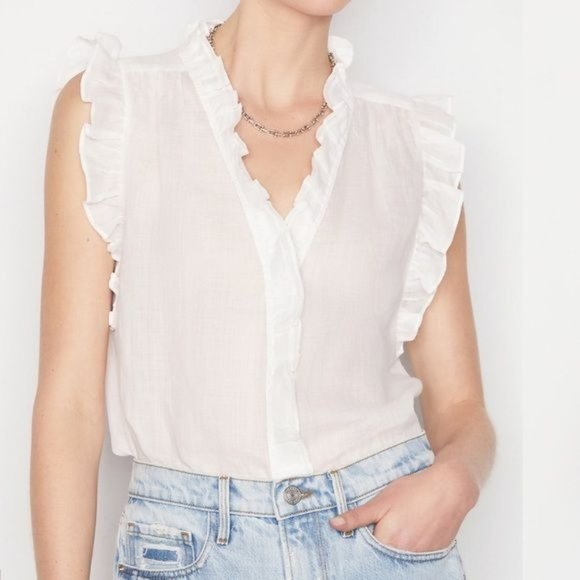 Frame Denim Tops - NEW FRAME Top Sleeveless Ruffle Button Down Blanc Women's L MSRP $265